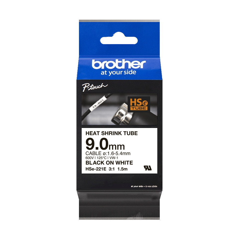 Brother original HSe-221E - 9 mm krympeflextape i sort på hvid