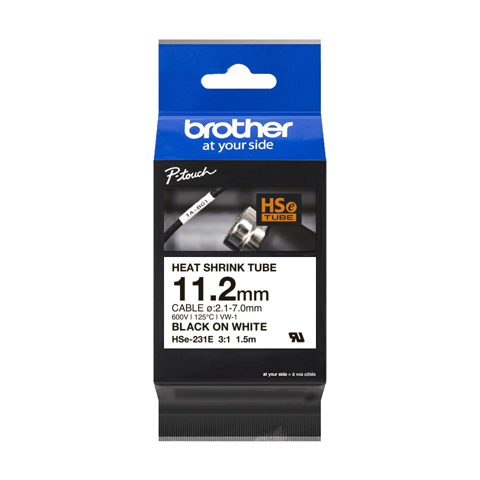 Brother original HSe-231E - 11,2 mm krympeflextape i sort på hvid