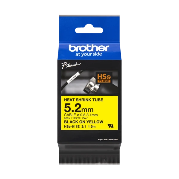 Brother original HSe-611E - 5,2 mm krympeflextape i sort på gul Brother original HSe-611E - 5,2 mm krympeflextape i sort på gul